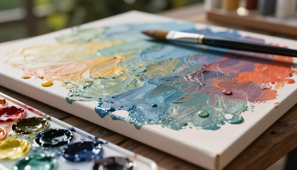 A vibrant and detailed close-up of drying acrylic paint on a wooden canvas, showcasing varied textures and colors as they transition from glossy wet to matte dried finishes. The foreground features a palette with assorted acrylic paints, some still glistening. In the middle ground, an artist’s brush rests beside the canvas, with droplets of paint clearly visible. The background displays an outdoor setting with natural light, softly illuminating the scene, highlighting the interplay of sunlight and shadows, which emphasizes the drying process. The atmosphere is serene, inviting creativity and showcasing the influence of external conditions like humidity and temperature on the drying time. The composition is photographed from a slightly elevated angle, creating depth and focus on the drying effects of the acrylic.