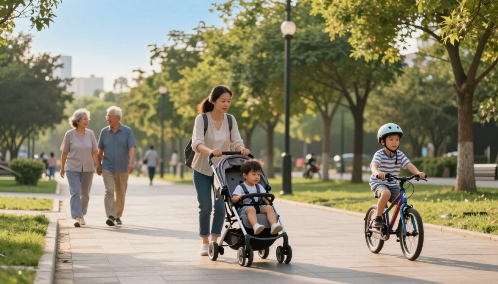 A vibrant city park scene during the golden hour, showcasing the safe movement of children and families on a smooth, level sidewalk made of seamless paving stones. In the foreground, a mother with her child in a stroller is carefully navigating the path, while a young boy rides a bicycle nearby, wearing a helmet for safety. To the left, an elderly couple strolls hand-in-hand, embodying a sense of community and accessibility. The background features green trees and clear blue skies, creating a serene and inviting atmosphere. The lighting is warm and soft, casting gentle shadows, emphasizing the peaceful coexistence of pedestrians and cyclists. The image conveys a strong message of safety and harmony in urban mobility.