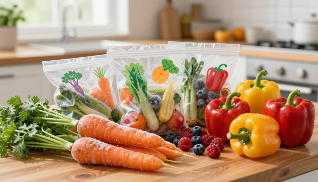 A vibrant, close-up composition showcasing a variety of fresh vegetables and fruits, arranged artistically on a wooden kitchen table. The foreground features colorful, frost-touched carrots, bell peppers, and berries, glistening as if just removed from the freezer. In the middle ground, there are neatly labeled freezer bags with bright, appealing illustrations of each vegetable and fruit inside. The background is softly blurred to evoke a cozy kitchen environment with natural window light streaming in, creating a warm atmosphere. Emphasize the freshness and appeal of these frozen products, conveying the essence of preserving vitality and flavor through freezing. The image should inspire a sense of home cooking and nutritious living.