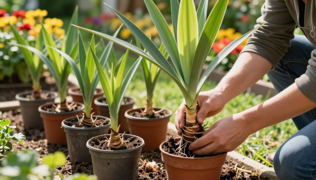 A vibrant garden scene depicting the process of propagating yucca plants. In the foreground, a person in modest casual clothing is carefully removing a yucca plant from its pot, revealing healthy roots and soil. The middle ground features neatly arranged pots containing young yucca cuttings, ready to be replanted. Lush green foliage surrounds the scene, with sunlight filtering through the leaves, casting dappled shadows on the ground. The background showcases a colorful flower bed, contributing to a lively atmosphere. The image should have warm, natural lighting to evoke a sense of growth and vitality, with a slightly blurred background to emphasize the act of propagation. The overall mood is serene and focused, celebrating the beauty of gardening.