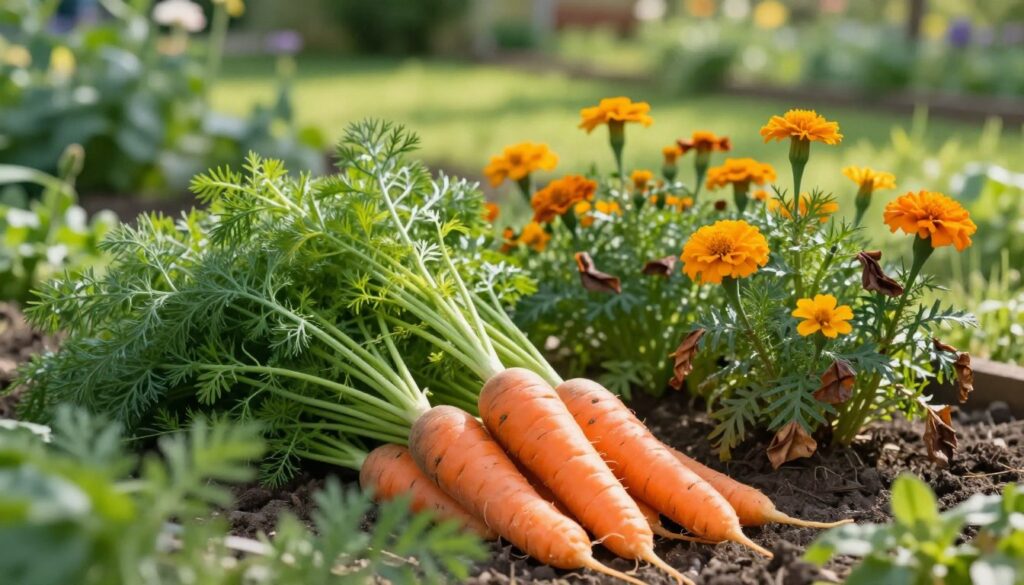A vibrant garden scene showcasing a patch of healthy orange carrots positioned prominently in the foreground. Surrounding the carrots, depict various plants to avoid, such as aromatic herbs like dill and strong-smelling flowers like marigolds, represented with slight wilting or browning leaves to emphasize their incompatibility. In the background, illustrate a lush green landscape with soft sunlight filtering through, casting gentle shadows across the garden. The overall atmosphere should be serene yet educational, highlighting the interplay of plant life. Utilize a shallow depth of field to focus on the carrots and the neighboring plants, while keeping the background slightly blurred to enhance emphasis on the subject.