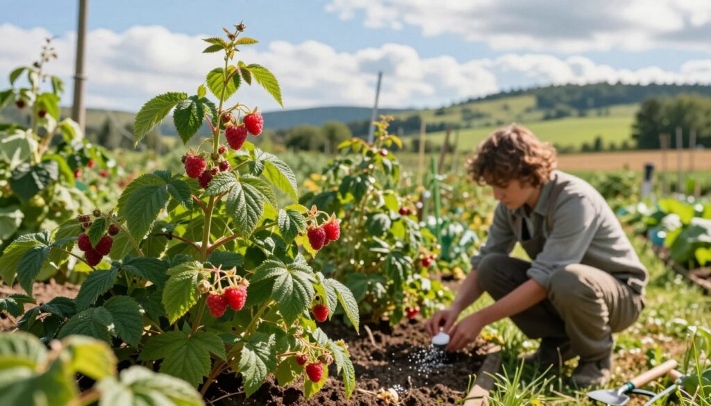 A vibrant garden scene showcasing raspberry plants during the growing season. In the foreground, healthy raspberry bushes with vivid green leaves and ripe, red berries, glistening under soft sunlight. A gardener, dressed in modest casual clothing, is kneeling beside the bushes, carefully applying fertilizer to the soil. The middle ground features a variety of green foliage and garden tools scattered around, suggesting an active gardening session. In the background, a lush rural landscape with rolling hills and a bright blue sky dotted with fluffy clouds. The lighting is warm and inviting, creating a pleasant atmosphere that embodies growth and nurturing. The overall mood is one of tranquility and dedication to cultivating a fruitful harvest.