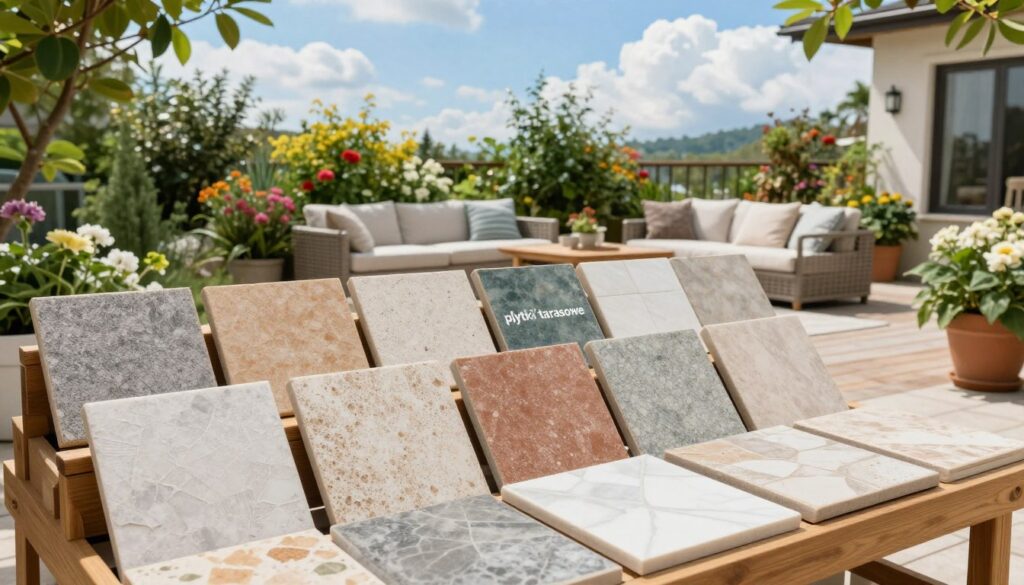 A vibrant outdoor terrace featuring various styles of 'płytki tarasowe' (terrace tiles) displayed for selection. In the foreground, showcase an array of tiles in different textures and colors—ceramic, porcelain, and stone—arranged neatly on a wooden display. The middle ground should include a well-furnished terrace with a cozy seating area, surrounded by lush greenery and flowering plants, providing an inviting atmosphere. In the background, a bright blue sky with soft, fluffy clouds enhances the outdoor setting. Soft, natural lighting emphasizes the color and texture of the tiles, creating a warm, welcoming mood. The angle should be slightly elevated, capturing both the tile display and the terrace in a harmonious composition, with no human figures or distracting elements present.