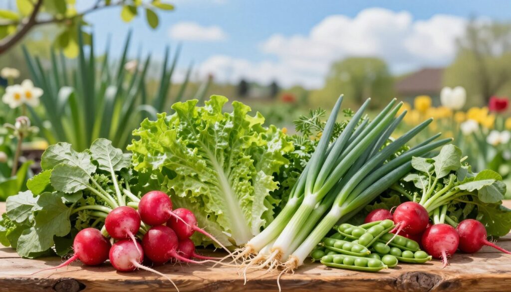 A vibrant spring display of fresh "nowalijki", showcasing a variety of early seasonal vegetables like radishes, baby lettuce, green onions, and tender peas. In the foreground, arrange these colorful vegetables artfully on a rustic wooden table, capturing their textures and hues in detail. The middle ground features a garden scene with blurred green stalks and blooming flowers, creating a lively spring atmosphere. Soft, natural daylight filters through the leaves, casting gentle shadows and enhancing the freshness of the produce. The background reveals a sunny blue sky with fluffy clouds, conveying a cheerful, inviting ambiance. The composition should emphasize the richness and vibrancy of spring harvests, perfect for the season's culinary delights.
