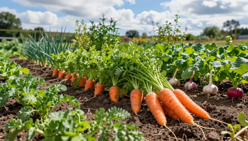 A vibrant vegetable garden featuring healthy orange carrots growing in neat rows, surrounded by companion plants like onions, garlic, and radishes. The foreground showcases the leafy tops of the carrots and other vegetables, with soil rich in texture. In the middle ground, a variety of green foliage from complementary plants creates a lush backdrop, promoting a sense of biodiversity and harmony. The background includes a blue sky with fluffy white clouds, hinting at a sunny day, casting soft natural light across the scene. The angle is slightly elevated, capturing both the plants and the garden's layout, creating an uplifting and inviting atmosphere ideal for promoting healthy gardening practices.