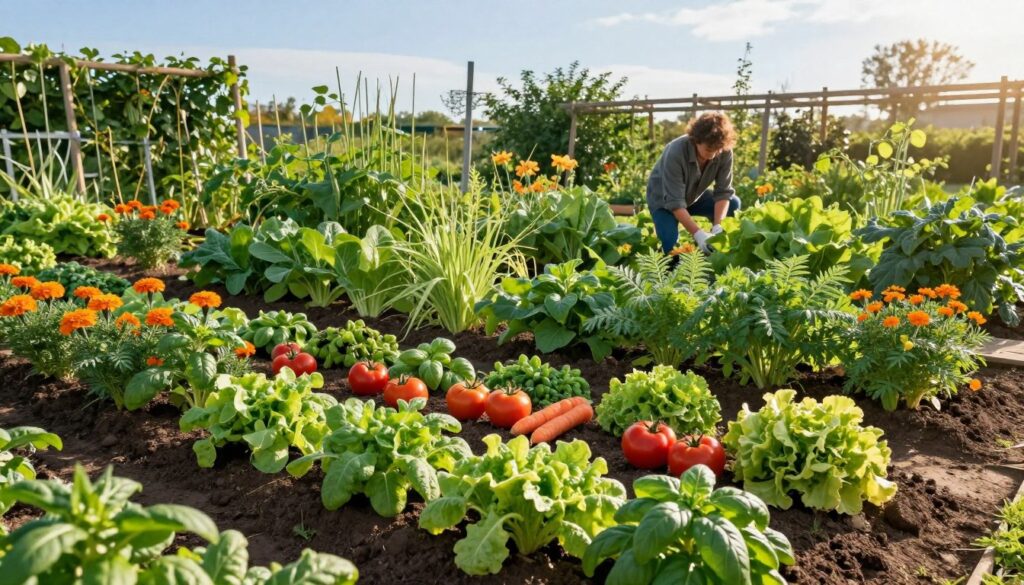 A vibrant vegetable garden in early morning light, showcasing a harmonious arrangement of various plants. In the foreground, colorful rows of thriving vegetables like tomatoes, carrots, and leafy greens are interspersed with companion plants such as marigolds and basil, illustrating the principles of plant pairing. The middle ground transitions to taller plants, creating a lush, layered effect, while a gardener, dressed in modest casual clothing, tends to the plants with care. In the background, a wooden trellis supports climbing beans under a clear blue sky. Soft sunlight filters through the leaves, casting gentle shadows on the rich soil, evoking a sense of peace and productivity. Emphasize the interconnectedness of the plants, capturing the essence of synergy in gardening.