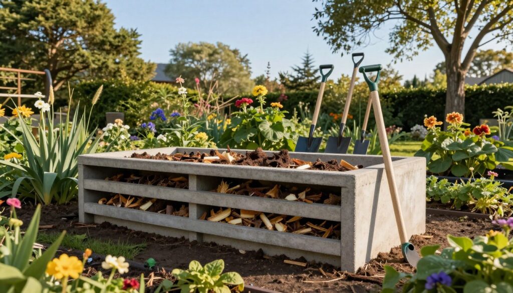 A well-constructed garden compost bin made from concrete slabs, positioned in a lush garden setting. In the foreground, showcase the compost bin, with several layers of decomposing organic matter visibly peeking out. Surround the bin with vibrant green plants and colorful flowers, giving a sense of life and growth. In the middle ground, depict a row of gardening tools, such as a shovel and rake, leaning against the compost structure. The background should feature a clear blue sky and tall trees casting soft shadows, creating a serene atmosphere. Use warm, natural lighting to evoke a sense of warmth and tranquility. The angle should be slightly elevated to capture the full structure of the compost bin and its surroundings effectively.
