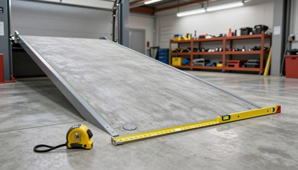 A well-designed garage ramp leading into a spacious garage, showcasing an optimal incline for easy vehicle access. In the foreground, clearly marked critical points with measuring tape and a level tool, symbolizing accuracy in elevation assessment. The middle ground features a smooth, well-maintained concrete surface of the ramp, with gentle curves and proper drainage gutters. The background shows a neatly organized garage filled with tools and shelves, illuminated by bright LED lights that enhance visibility and safety. The composition is captured from a low angle perspective, emphasizing the gradient of the ramp while maintaining a professional atmosphere. The mood is one of clarity and precision, ideal for conveying the importance of proper measurements in garage design.