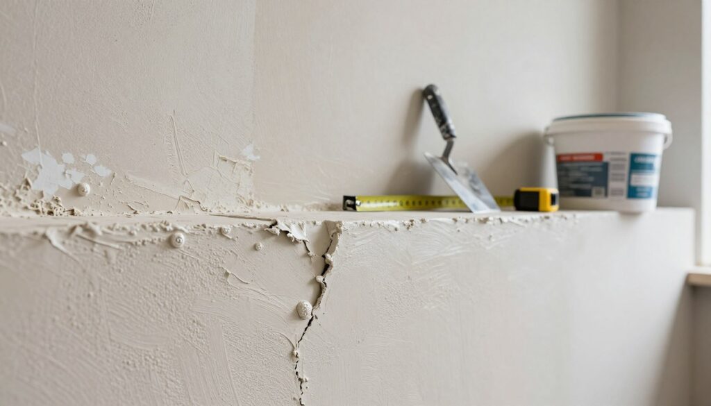 A well-lit scene featuring a close-up of a wall being plastered, demonstrating common mistakes during the drying process. In the foreground, show unevenly applied wall putty with visible cracks and bubbles, highlighting issues that slow down drying. The middle layer includes tools like a trowel and a mixing bucket, positioned alongside a measuring tape and plasterboard. In the background, clearly depict a partially finished wall with drying marks, emphasizing the transition from wet to dry. The lighting should be bright and natural, simulating a workshop environment. The overall mood evokes a sense of caution and education, illustrating the importance of proper techniques in wall finishing.