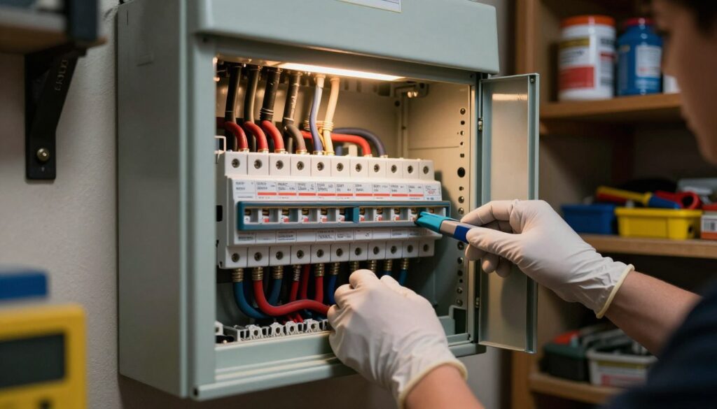 A well-organized home electrical panel, showing a fuse box with clearly marked circuits, situated in a dimly lit basement. In the foreground, a pair of hands wearing disposable gloves gently opens the panel door, revealing neatly arranged fuses. In the middle ground, the panel's interior is highlighted by soft, warm lighting, emphasizing the individual fuses and their labels, showcasing the functionality and importance of each. In the background, shelves lined with tools and supplies create a practical yet inviting atmosphere, evoking a sense of readiness for minor home electrical issues. The overall mood is one of calm and preparedness, encouraging readers to confidently identify their fuse box location without fear.