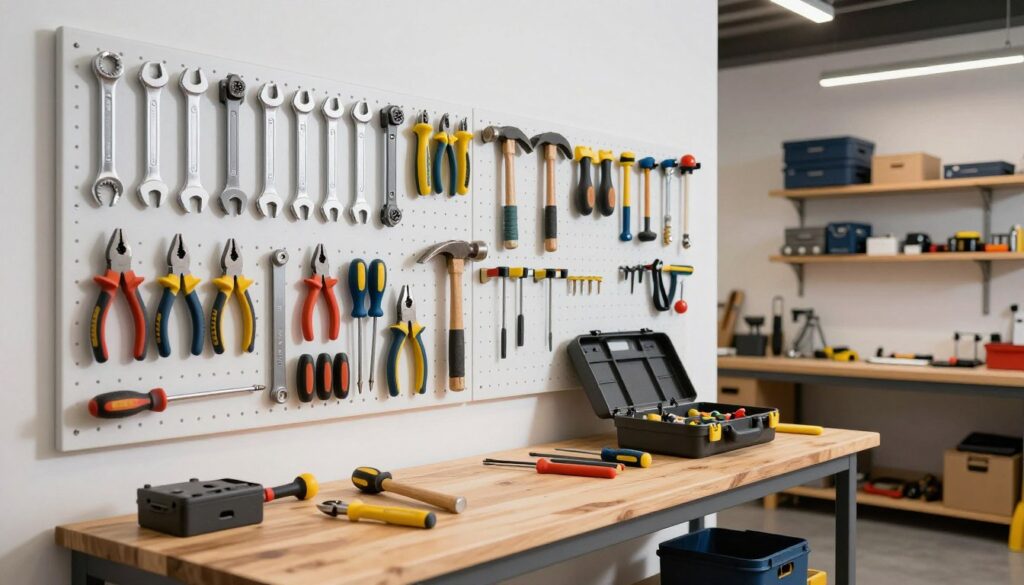 A well-organized workshop filled with various tools displayed on a wall-mounted pegboard system. In the foreground, showcase an array of neatly hung tools: wrenches, pliers, hammers, and screwdrivers in bright colors against a clean white background. The middle ground features a sturdy wooden workbench with an open toolbox, complete with tools scattered for easy access. In the background, a well-lit workshop space with shelves holding boxes and additional equipment, all illuminated by soft overhead lighting that casts gentle shadows, creating a professional yet inviting atmosphere. The angle should provide a clear view of the wall system and workbench, emphasizing orderliness and functional design.