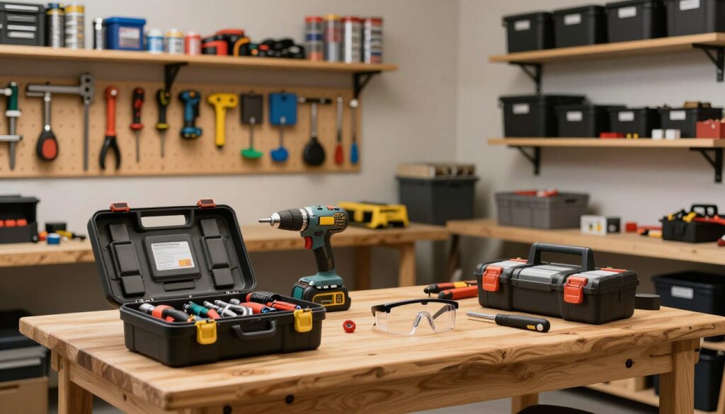 A well-organized workshop interior showcasing efficient storage solutions for power tools and small accessories. In the foreground, a sturdy wooden workbench topped with neatly arranged toolboxes, drill sets, and safety goggles. The middle ground features a wall-mounted pegboard with various hand tools and accessories, promoting easy access. In the background, shelves filled with additional hardware supplies and storage bins, meticulously labeled. Soft, warm lighting illuminates the scene, creating a cozy yet professional atmosphere, with a depth-of-field focus on the workbench. The overall mood conveys productivity and craftsmanship, emphasizing a tidy and functional workspace ideal for enhancing workflow and comfort.