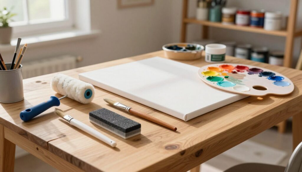 A well-organized workspace for surface preparation before acrylic painting. In the foreground, a clean wooden table with tools like a paint roller, brushes, and a sanding block neatly arranged. In the middle, a recently sanded canvas and a palette with vibrant acrylic paints, showcasing an assortment of colors. The background features shelves filled with paint cans and art supplies, hinting at a lively artistic environment. The scene is brightly lit, with warm, natural light streaming in from a nearby window, creating a welcoming atmosphere. Capture the mood of anticipation and creativity, emphasizing the importance of thorough preparation in achieving a polished finish. The angle should be slightly elevated, providing a comprehensive view of the workspace without any people or distractions.