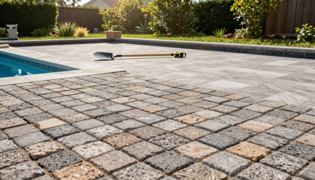 A well-prepared area for a swimming pool installation featuring durable, aesthetically pleasing paving stones. In the foreground, display a neatly arranged pattern of cobblestones with a mixture of colors, showcasing their texture and finish. The middle ground should feature a flat, leveled area with construction tools like a shovel and measuring tape to indicate planning. In the background, include lush green landscaping with soft sunlight filtering through trees, creating a warm, inviting atmosphere. Capture the image from a slightly elevated angle to provide depth and a panoramic view of the prepared site, enhancing the sense of space and readiness for construction. Aim for a vibrant, clear representation that conveys professionalism in outdoor space planning.