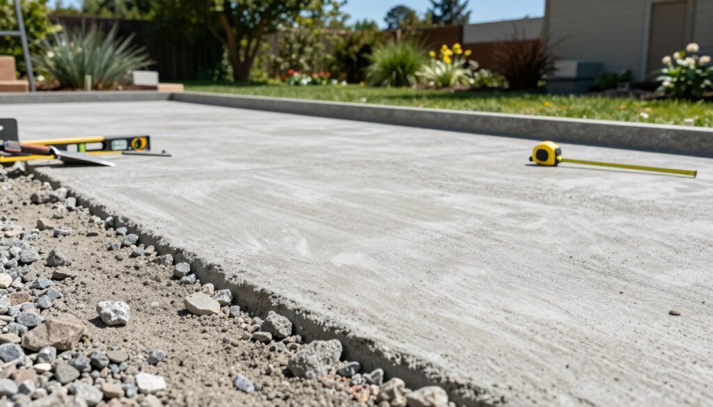 A well-prepared surface for a concrete path, showcasing an even and stable substrate. In the foreground, display a close-up of compacted gravel and sand, perfectly leveled and textured, with a smooth finish. In the middle ground, showcase the neatly formed edges of the path's outline, indicating the ideal dimensions and placement of concrete slabs, with some tools like a level, trowel, and measuring tape visible. The background should feature a lush garden with green grass, trees, and a clear blue sky, which adds a vibrant atmosphere. The sunlight should illuminate the scene, creating subtle shadows around the compacted ground, conveying a sense of warmth and professionalism in your outdoor project preparations.