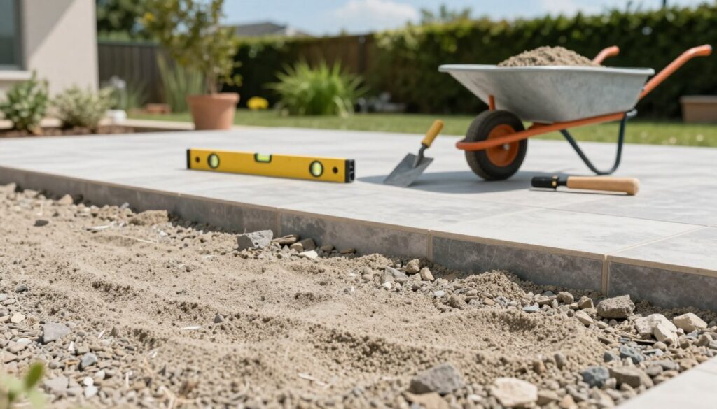 A well-prepared terrace base for tile installation is depicted in this image. In the foreground, there is a smooth, leveled layer of gravel and sand, providing an ideal foundation for tiles. The middle ground showcases tools such as a level, trowel, and a wheelbarrow filled with sand, emphasizing the meticulous preparation process. In the background, vibrant green landscaping and a clear blue sky create a serene atmosphere, highlighting the outdoor setting. Soft, natural lighting enhances the textures of the materials, while a slightly elevated angle captures the entire scene's layout. The overall mood is one of diligence and care, illustrating the importance of proper substrate preparation and drainage principles.