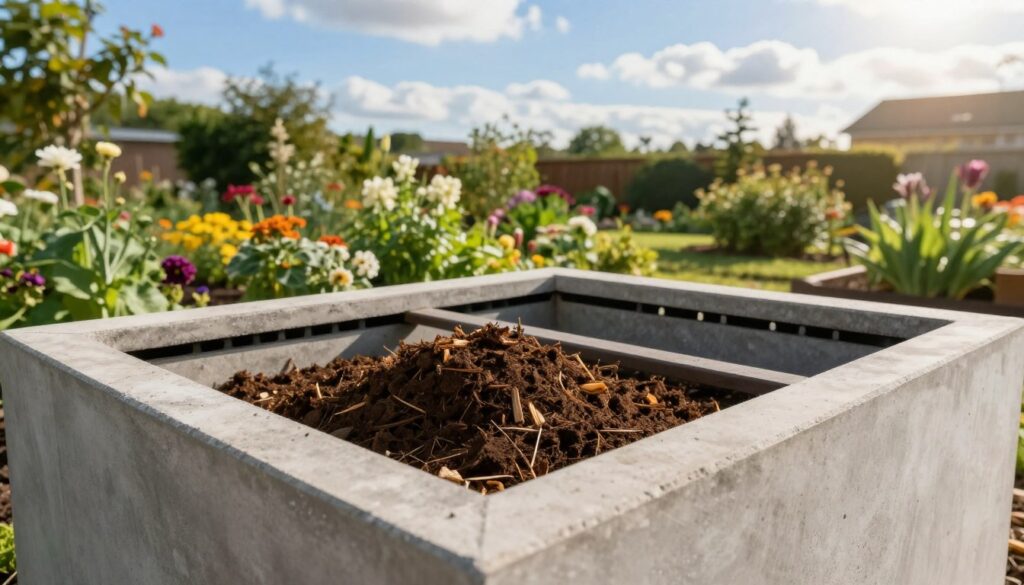 A well-structured compost bin made of concrete slabs, showcasing an effective ventilation system. In the foreground, the compost bin is prominently displayed with its open slots for airflow, emphasizing its functional design. In the middle ground, a lush garden with various flowering plants is visible, enhancing the vibrant ecosystem that benefits from the composting process. The background features a serene, sunny day with a bright blue sky and gentle puffy clouds, creating a cheerful atmosphere. The lighting is soft and warm, casting gentle shadows that highlight the textures of the concrete and the compost materials. The angle is slightly elevated, giving a comprehensive view of the compost bin and its integrated ventilation features, with a focus on practicality and sustainability.