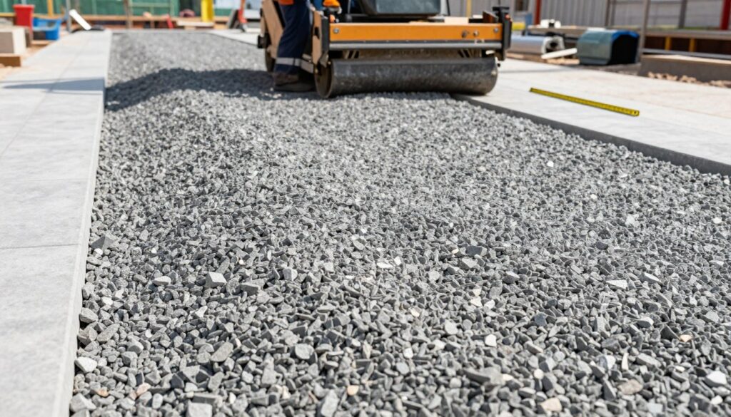 A well-structured construction site featuring a freshly laid layer of "podsypka pod kostkę" gravel base, designed for paving. In the foreground, a close-up view showcases the granular structure of the gravel, emphasizing its uniformity and texture. In the middle ground, a paver or worker in professional attire is seen assessing the gravel's thickness, with measuring tools laid out beside them. The background includes a partially completed pathway, hinting at an organized worksite with tools and material piles. The lighting is bright and natural, conveying a daytime atmosphere, while a slight depth of field blurs the distant elements, focusing attention on the gravel's quality. The overall mood is industrious and professional, reflecting precision and care in construction practices.