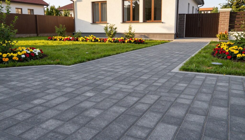 A wide view of a residential outdoor area featuring "brukowa bez fazy" paving stones. In the foreground, neatly arranged dark gray bricks create a clean and modern pathway leading to an entrance, showcasing the texture and even surface finish of the stones. The middle ground includes well-maintained grass borders and colorful flower beds, adding vibrant contrast. In the background, a charming house with large windows and a surrounding fence completes the scene. The lighting is soft and natural, capturing the warmth of late afternoon sun, enhancing shadows and textures. The atmosphere is serene and inviting, perfect for highlighting the practical application of this type of paving in a home setting.