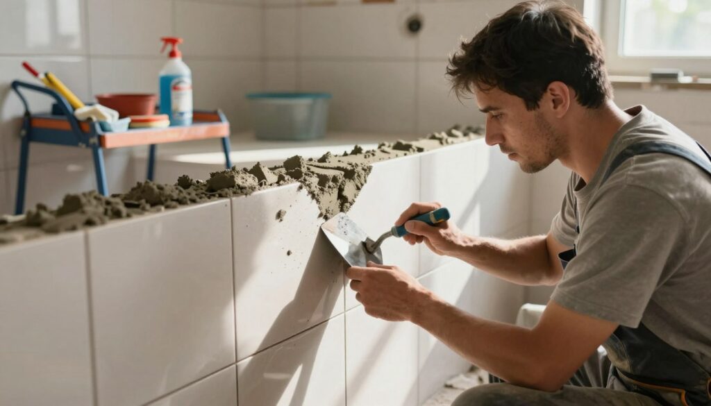 An image depicting the concept of "hasty grouting" in a home renovation setting. In the foreground, a professional worker focuses intently on applying grout between tiles with a trowel, wearing standard work attire. The middle layer showcases a partially completed tiled wall, with uneven grout lines and visible splatters, emphasizing the consequences of rushing. In the background, there's a well-organized tool station, with tools and cleaning supplies, hinting at a chaotic but busy work environment. Natural light streams in through a nearby window, creating a warm atmosphere but casting harsh shadows that reveal imperfections in the grout work. The overall mood conveys urgency and the pitfalls of haste in finishing touches, reminding viewers to take their time for quality results.