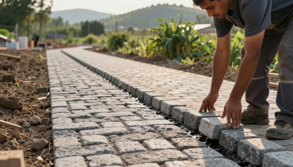 An outdoor construction site showcasing the process of laying cobblestones with a focus on drainage systems and terrain slopes. In the foreground, a skilled worker in professional attire carefully positions cobblestones, demonstrating precise alignment. The middle ground features a partially completed pathway, with visible gradient slopes directing water flow away from the stones, creating a well-designed drainage system. The background displays lush greenery and gentle hills, enhancing the natural setting. Soft afternoon sunlight casts warm tones, illuminating the scene. The image captures a diligent work atmosphere, emphasizing the importance of proper installation techniques for durable surfaces. The composition should convey a sense of professionalism and craftsmanship, with an emphasis on functionality and aesthetics in outdoor paving.