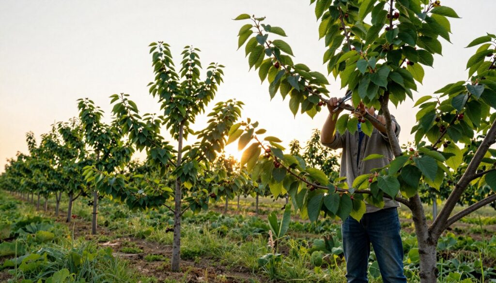 In a serene orchard setting, a landscape of young fruit trees is depicted, focusing on the meticulous care they receive. In the foreground, a gardener, dressed in modest casual clothing, gently prunes a cherry tree, showcasing the precise technique required for optimal growth. The middle ground features several young cherry and cherry trees, vibrant with lush green leaves and budding fruits, emphasizing healthy development. In the background, the sun sets softly, casting warm golden light over the scene, creating a tranquil and nurturing atmosphere. The angle captures the scene from slightly below, highlighting the gardener's efforts and the beauty of the trees, while ensuring the lush greenery adds depth to the composition. The mood is peaceful and grounded in nature.